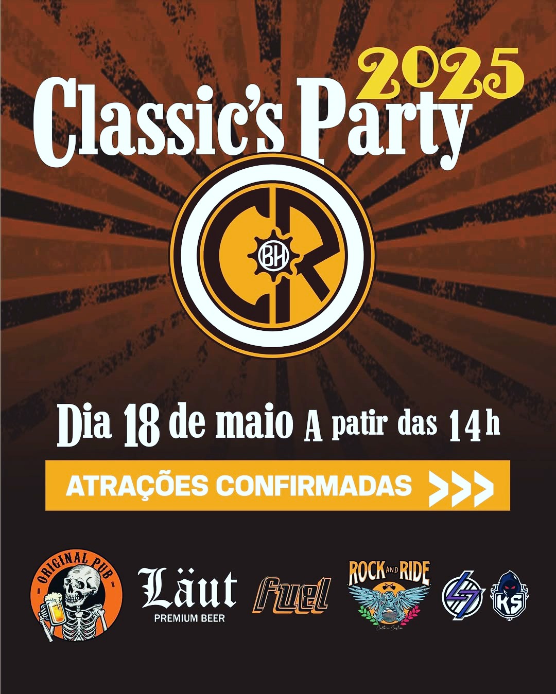 - Repost de @classicridersbh: 

Confira as atrações do Classic’s Party 2025:

@bandaseattleblues
@souaviz
@machadobrown
@therocketspinu

Almoço, chopp Laut, cervejas, drinks e outros e claro muita gente elegante e motos!

- 18 de maio
- Horário: 15h
- Local: Original Pub - Rua Ituiutaba, 363 - Prado
- Serão vendidos ingressos na portaria conforme a lotação
- Valor: R$ 15,00 (não dão direito aos brindes ou participar dos sorteios)
- A roupa à caráter é opcional, mas aproveite para se divertir e fazer fotos
- Lucro da arrecadação será convertido para o Movember por uma iniciativa independente.

Patrocinadores:
@bhoriginalpub
@lautbeer
@rockandridebh
langelosz
@kustom.soul

Apoiadores:
@atelierpaladino
@balgariglasses
@dekacustoms
@garagemencare
@scotilha
@motopeprotetor
@motorcamping
@ridepov.mg
@robsonfl74
@royalridersbh
@tuaghkustom
@vulto_artesanal